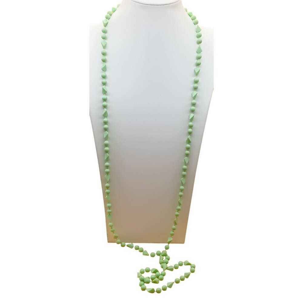 Vintage Light Green Beaded Necklace Long Strand Retro Flapper Statement Jewelry